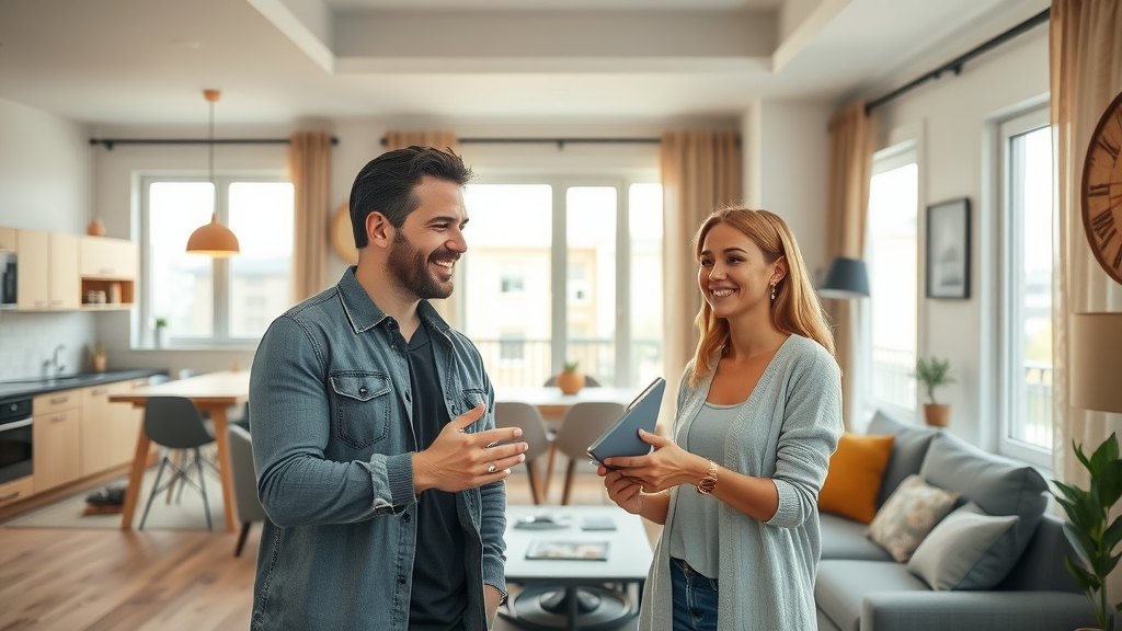 interior of a modern affordable apartment, open-plan living room connecting to kitchen, cheerful young couple discussing layout, High Fidelity Lifelike, background with functional furniture and balcony view, highly detailed, dynamic natural light streaming through windows, earth tone decor, shot with a standard 24-70mm lens