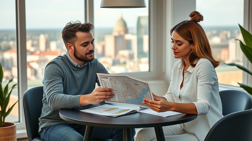 relaxed couple reviewing household budget and city map, living in charlotte neighborhoods, Charlotte skyline, tidy apartment, afternoon light