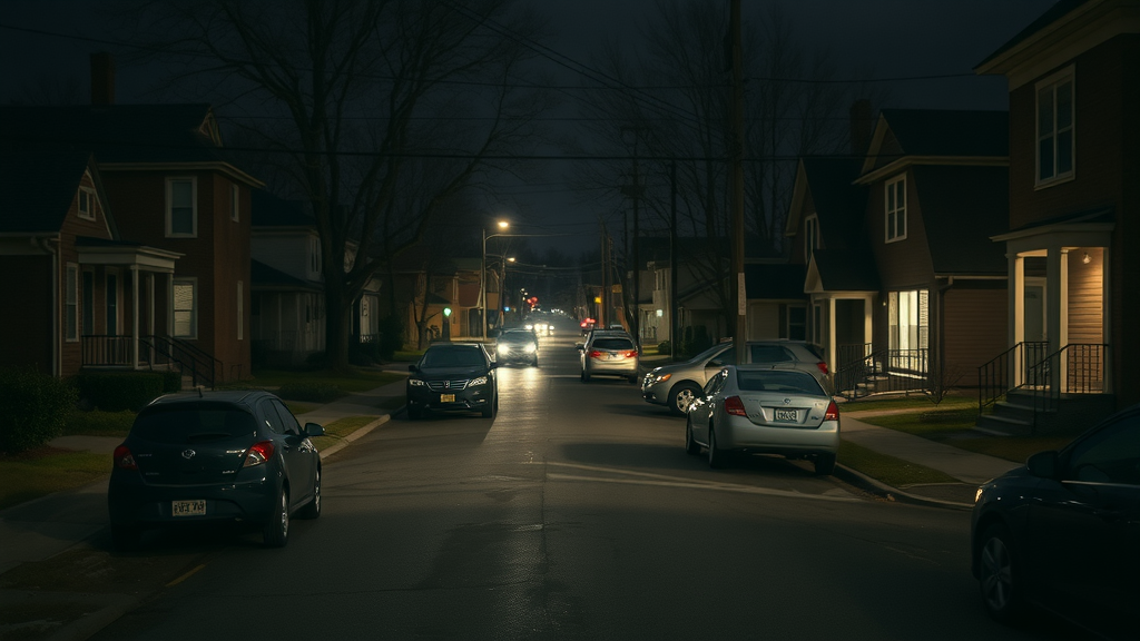 Street lighting in Charlotte community safety: moody urban street at night with patchy lighting and parked cars.