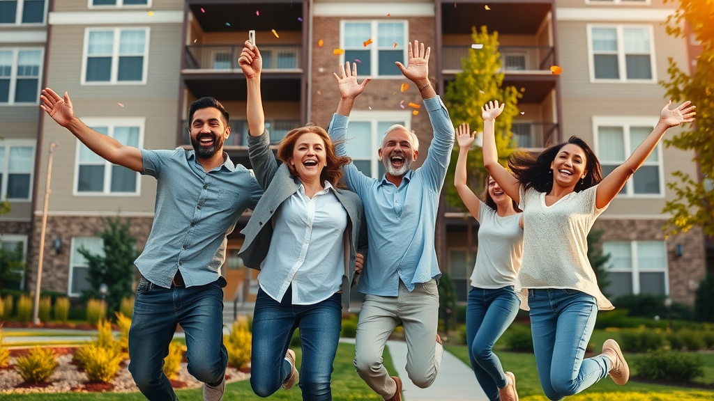 Happy new residents holding keys, celebrating successful Charlotte NC apartment leasing in front of an upscale building