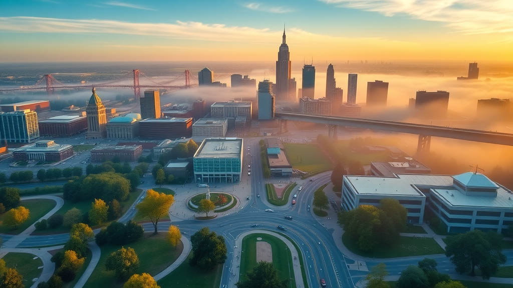 vibrant aerial view of Charlotte, bustling cityscape, sunrise, people commuting, Photorealistic High Fidelity Lifelike city skyline, parks, and modern architecture, cars, people walking, blue and gold hues. Main keyword: living in charlotte neighborhoods.