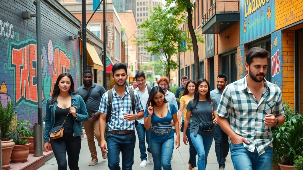 vibrant cityscape of Charlotte arts district, energetic atmosphere, diverse young professionals in Charlotte NC, colorful streets, murals, street art, motion in pedestrian activity