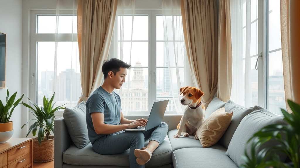 furnished rentals charlotte digital nomad working at window cityscape pet dog
