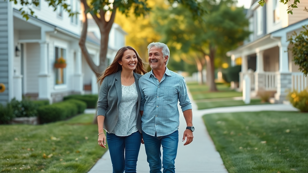 Couple visiting safe suburb near Charlotte NC with realtor, modern homes, tree-lined street