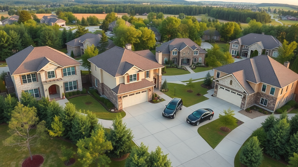 Upscale suburban SouthPark neighborhood in Charlotte, luxury homes, manicured lawns, mature trees, elegant driveways, high-end vehicles, tranquil morning light.