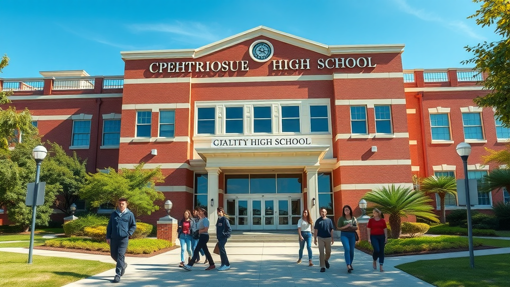 prestigious charlotte high school with students in front, lush landscaping and school name