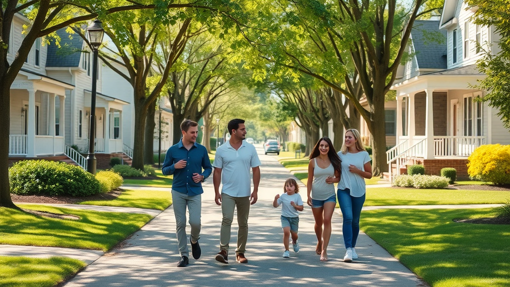 Charlotte neighborhood guide maple-lined suburban street with families enjoying a sunny afternoon