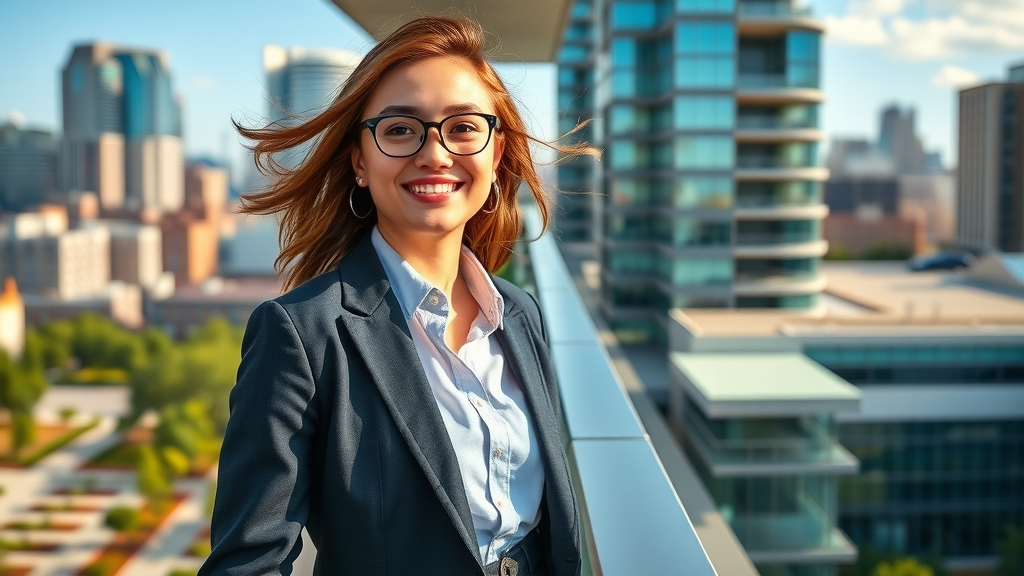 Confident young professional on Charlotte apartment balcony overlooking skyline and parks
