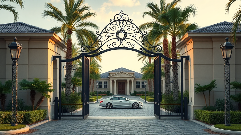 Elegant gated community entrance in Charlotte NC upscale living, ornate iron gates and luxury landscaping