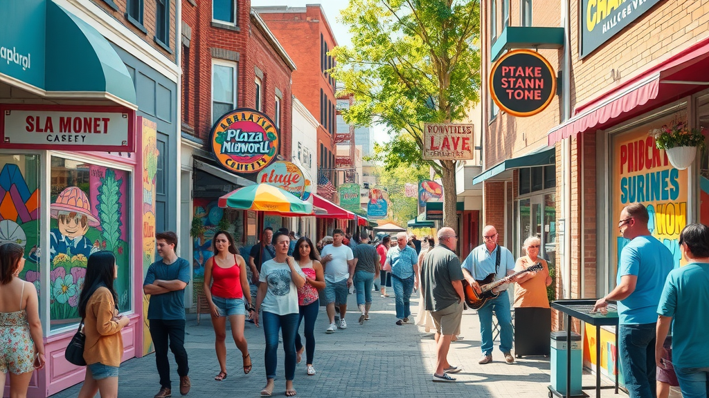 Colorful street scene in Plaza Midwood Charlotte, people browsing indie shops, vibrant murals, quirky storefronts, musicians, festival atmosphere, highly detailed.
