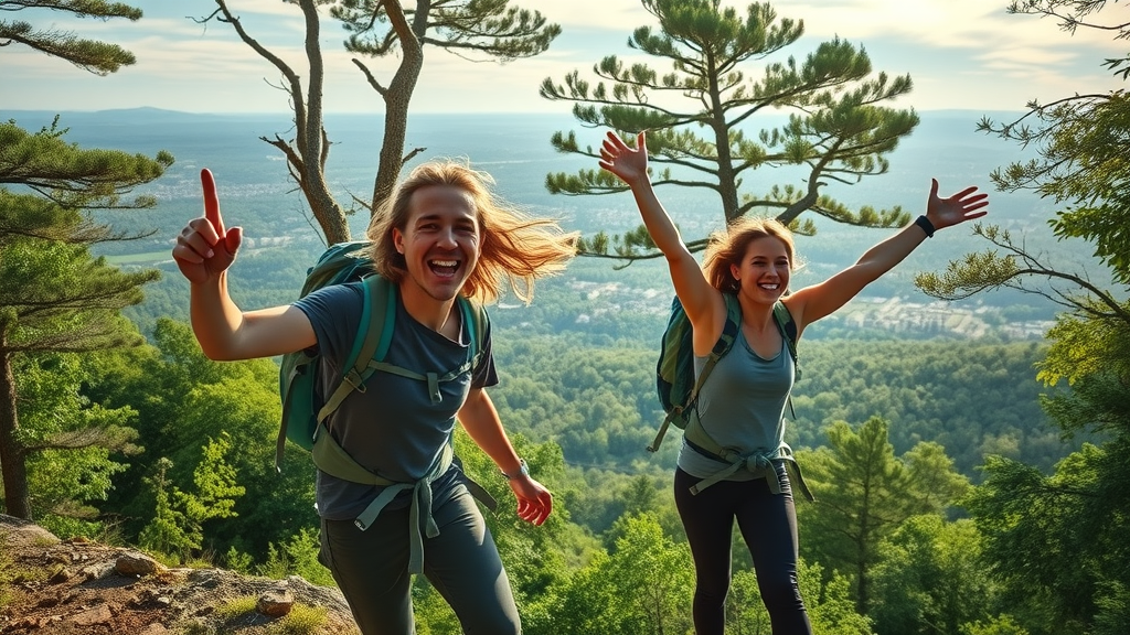 Adventurous hikers near Charlotte, lush forests and city skyline, outdoor lifestyle - hiking charlotte nc