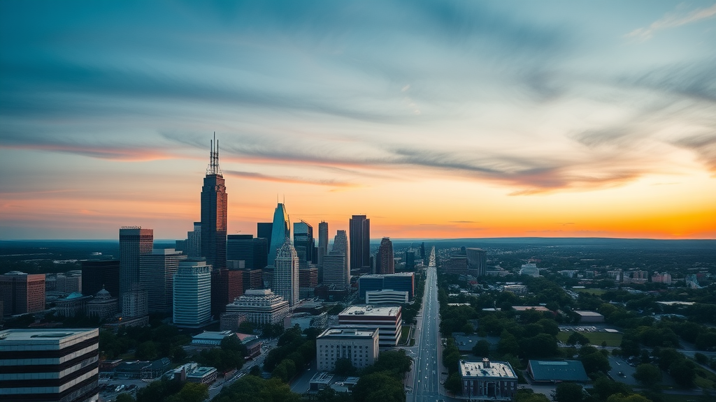 charlotte nc safety scenic cityscape at sunset, showing city vibrancy and underlying risks, detailed skyline and neighborhoods