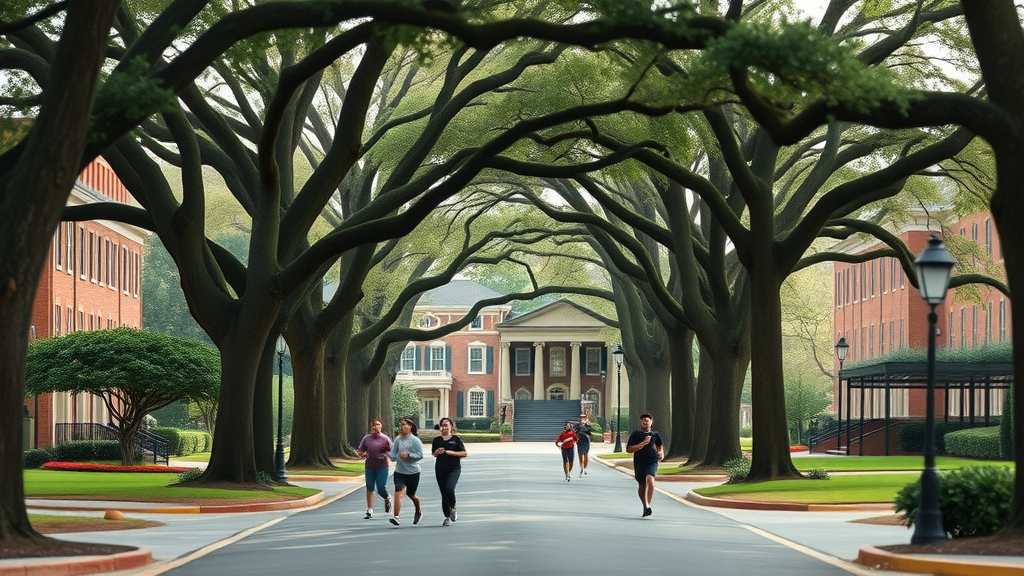 serene residential street in Myers Park Charlotte with people jogging under oak trees and historic homes