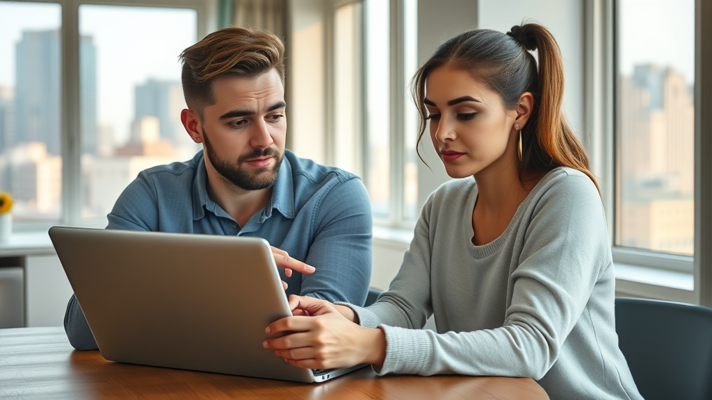 Young professional couple reviewing apartment listings on a laptop with city view in Uptown Charlotte - floor plan comparisons, uptown charlotte