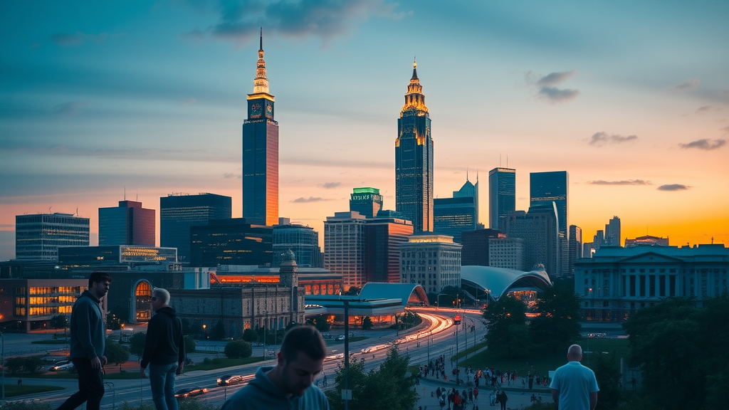 vibrant cityscape of Charlotte skyline at twilight, living in charlotte, bustling with people, modern skyscrapers and illuminated city lights, golden hour