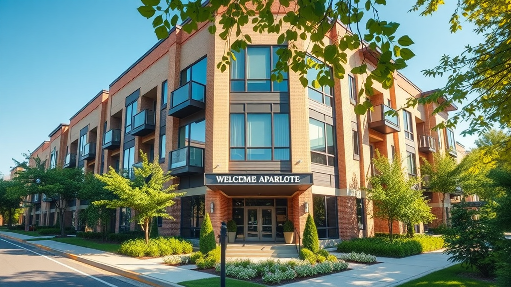 inviting modern Charlotte apartment building calm showcases welcoming entrance and well-tended landscaping Charlotte apartment leasing tips