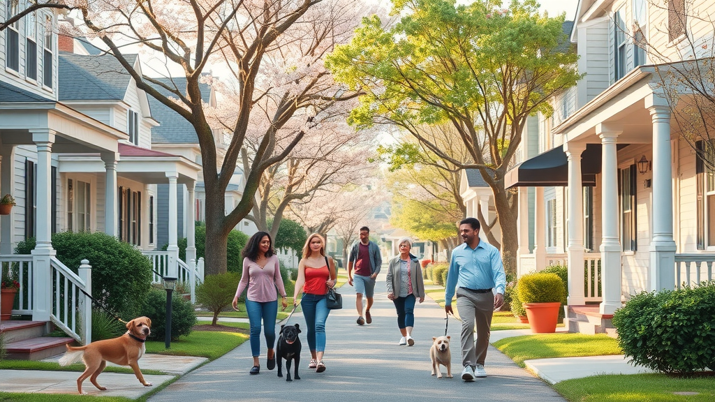 Charlotte NC neighborhood, families and neighbors chatting on home-lined street with blooming trees, community vibe