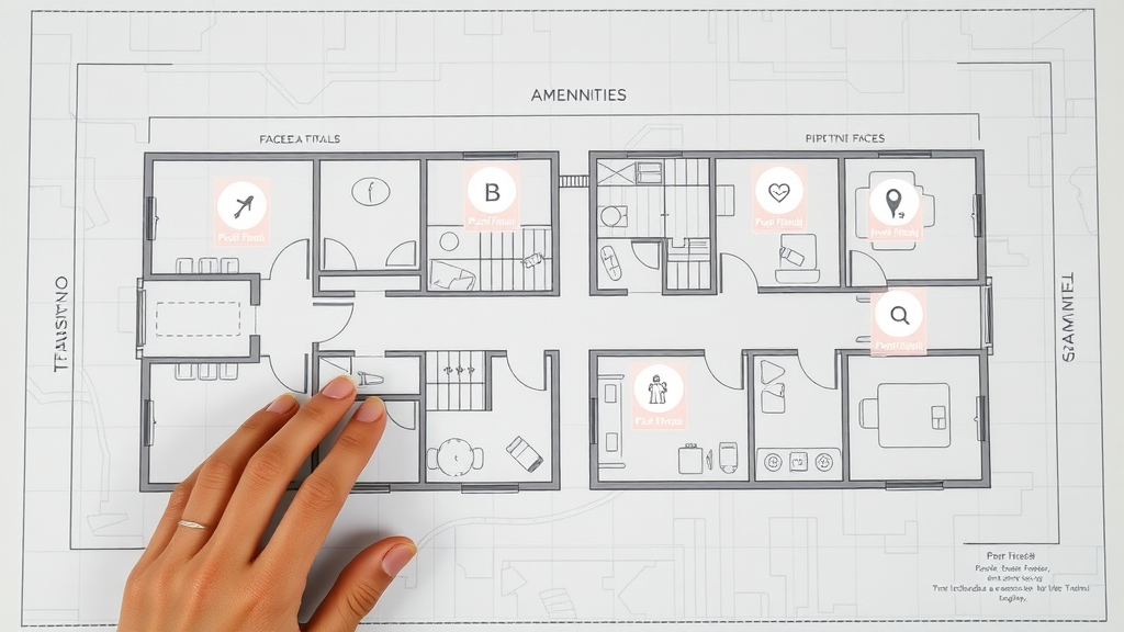 Detailed floor plan sketches with amenities icons, Charlotte apartment home options, pools, gyms, pet-friendly highlighted, city map background, floor plans for apartments for rent