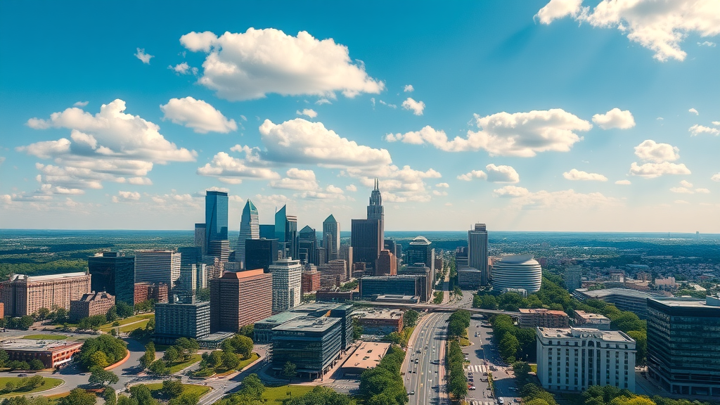 Vibrant aerial cityscape of Charlotte NC, modern urban skyline, parks and apartment complexes, apartments in charlotte nc, bright blue sky, cityview, photorealistic