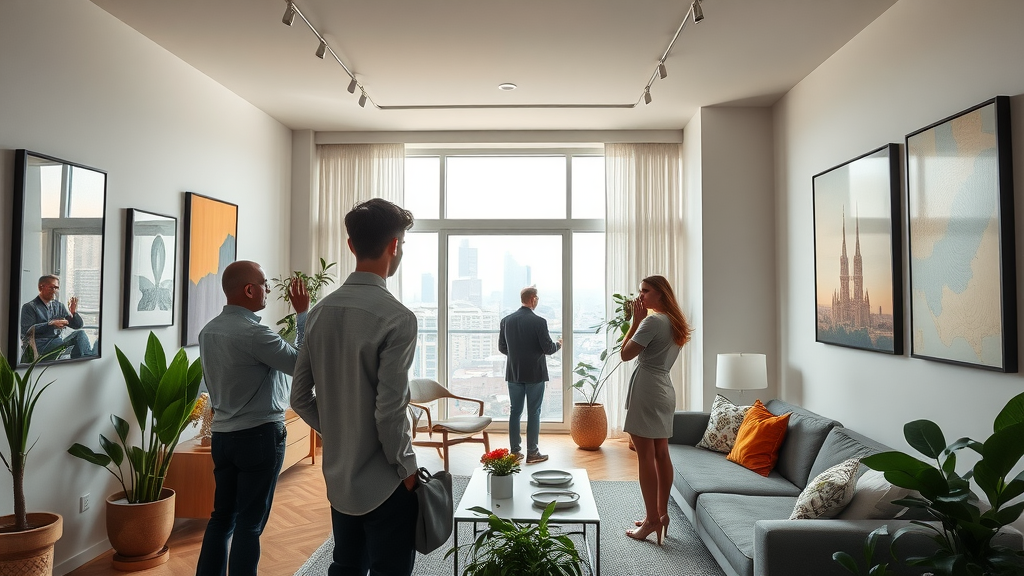 Bright, modern South End apartment interior, with residents admiring contemporary artwork on the walls and city skyline in view, exemplifying Charlotte apartments near galleries.