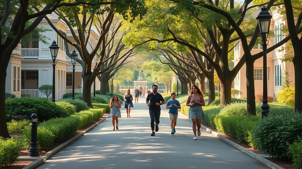 Safe street in Myers Park with joggers, families, and historic homes, illustrating top safety and real estate value – myers park charlotte real estate safety