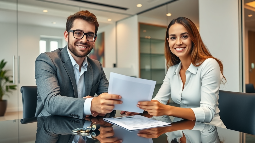 Young couple with professional leasing agent, signing contract for affordable apartments Charlotte, modern office and apartment keys