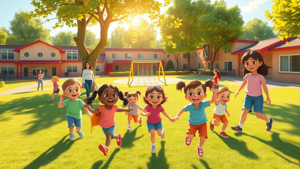Children playing in a sunlit Charlotte schoolyard, teachers nearby, safe and welcoming school environment in family-friendly Charlotte neighborhoods.