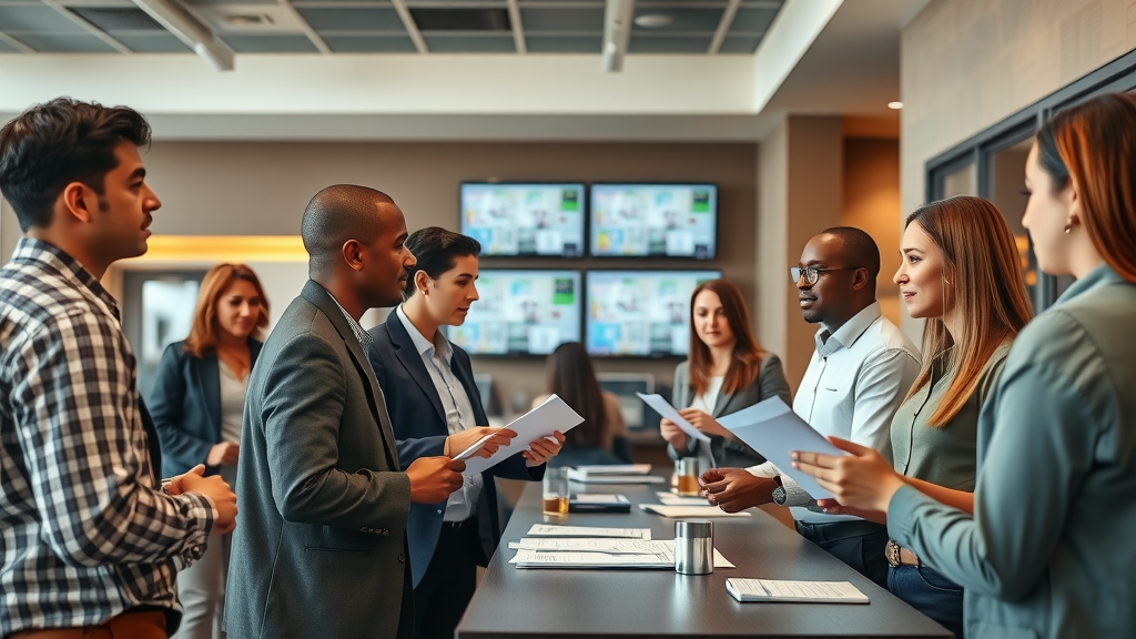 busy leasing office at charlotte nc apartments, professional leasing agent assisting potential tenants, digital floor plans displayed in background