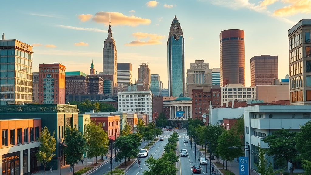 vibrant cityscape of uptown Charlotte NC, bustling streets, modern apartment buildings, Queen City skyline, lively atmosphere, golden hour lighting, people walking dogs and riding bikes