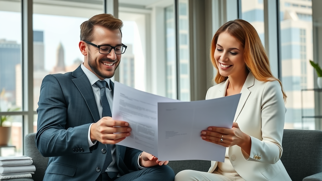 Confident professional couple discussing upscale Charlotte NC living options with an agent in an elegant office