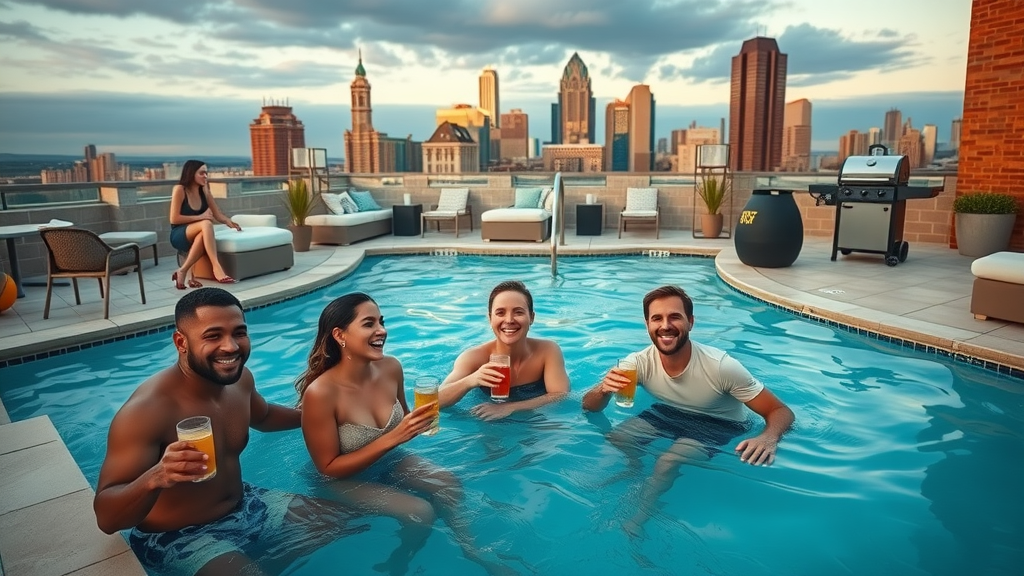 Luxurious apartment amenities Charlotte NC, rooftop lounge with skyline view, poolside, swimming, grilling, friends enjoying drinks, lively scene, golden hour lighting.