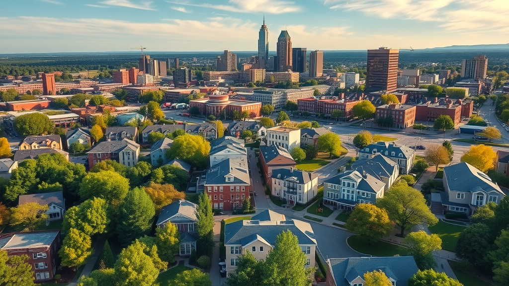 vibrant aerial view of Charlotte, North Carolina, bustling cityscape with residential developments, lively atmosphere, tree-lined neighborhoods and downtown skyscrapers, living in charlotte neighborhoods, high fidelity, drone wide-angle