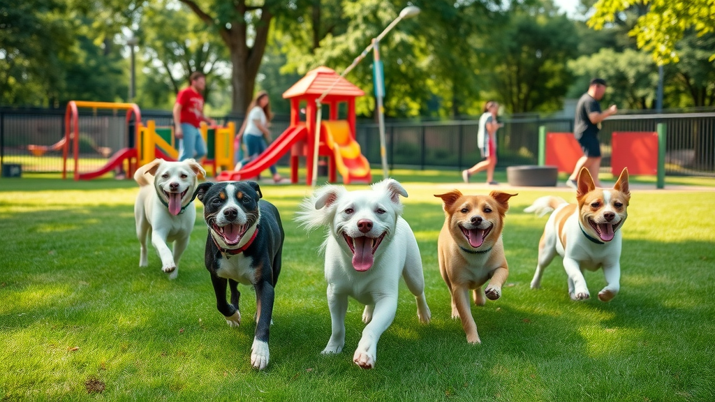 Happy dogs playing in a lush green Charlotte dog park, pet owners socializing, local amenities, dog parks, photorealistic, sunny afternoon