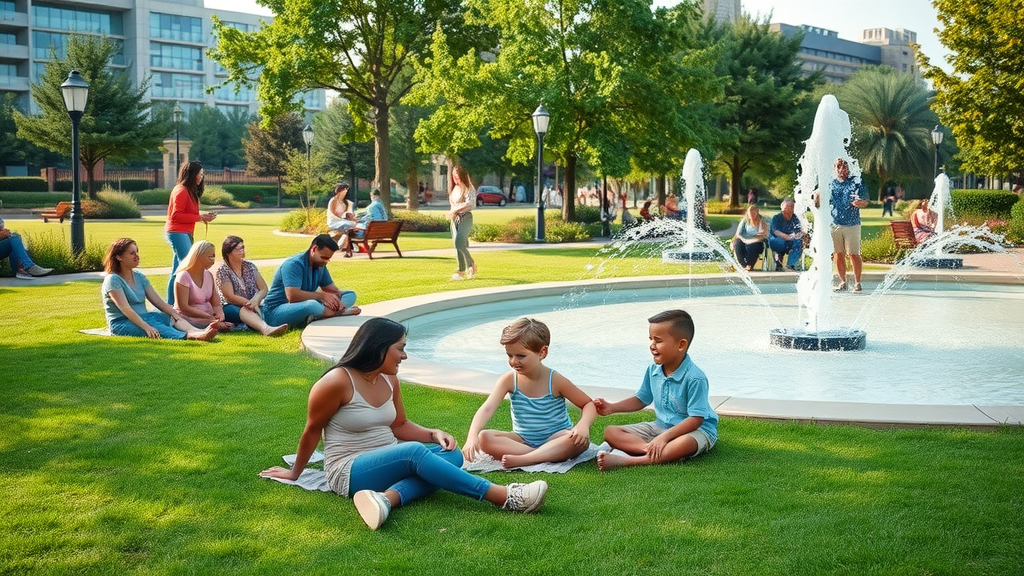 Families relaxing in Romare Bearden Park with interactive fountain and Charlotte skyline, freedom park