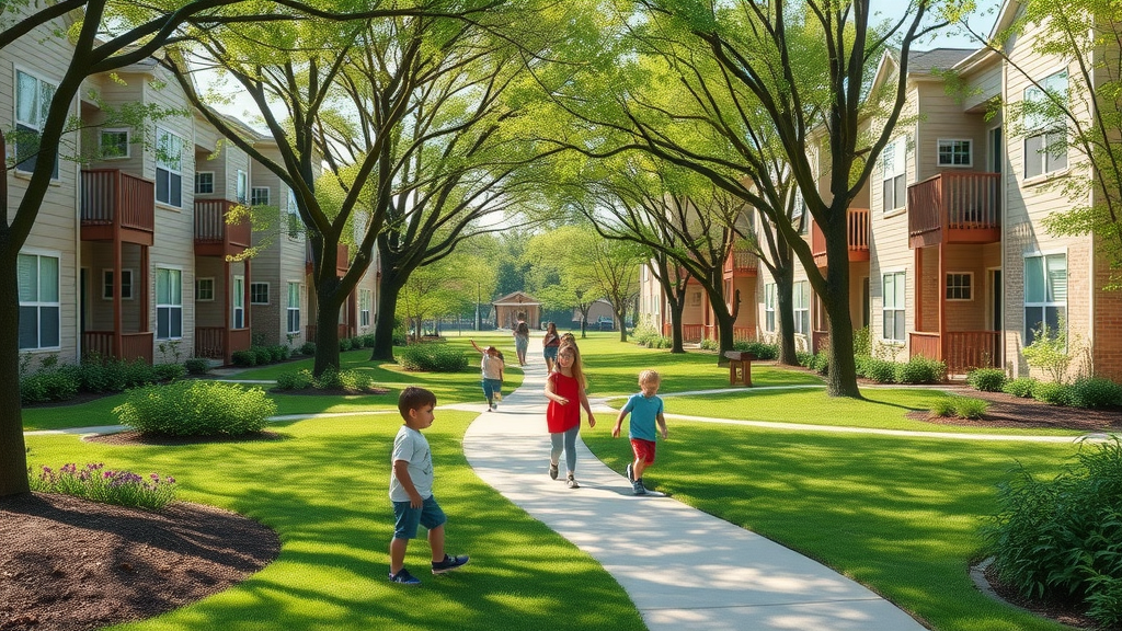 Peaceful Providence Crossing residential area, apartment buildings with greenery, children playing in parks, tree canopies, walking trails, fresh spring colors, soft morning light.
