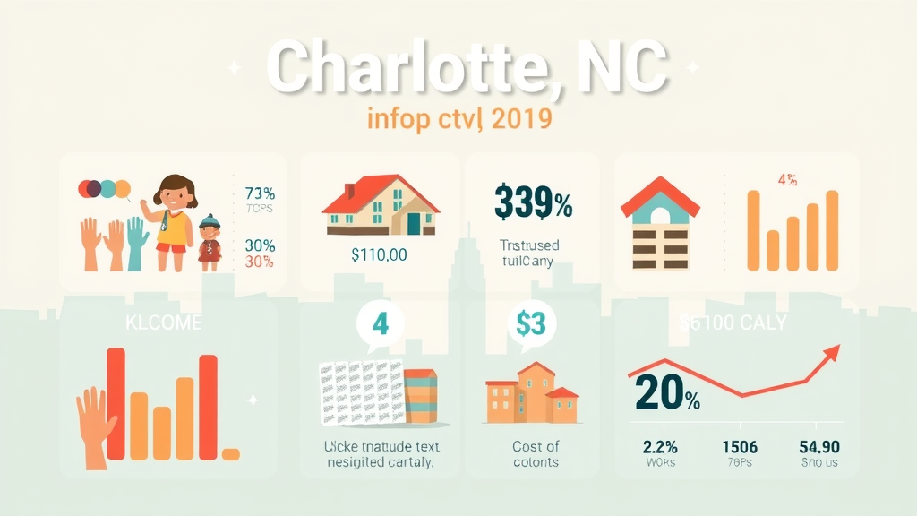 infographic of living in charlotte, population, income, housing, cost of living, Charlotte skyline background