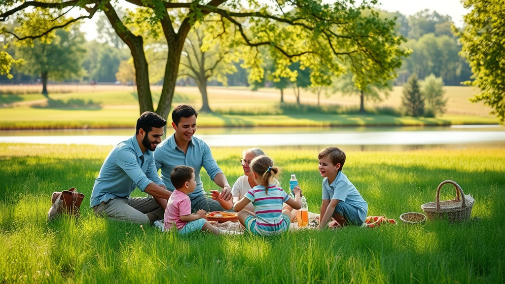 Idyllic family picnic at Freedom Park Charlotte, open green fields, lake, tree canopy, parents and children playing, photorealistic with dappled spring sunlight.