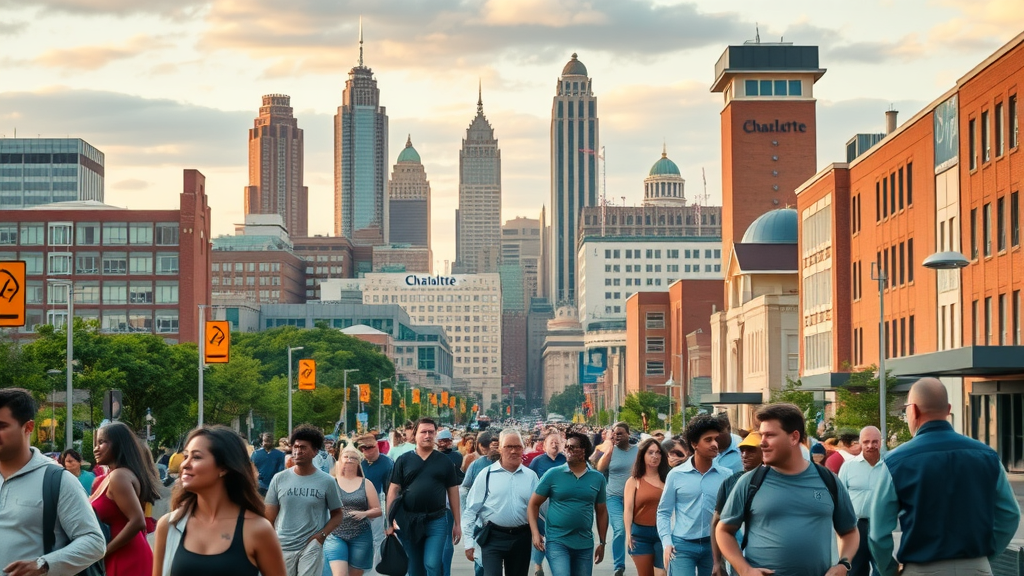 Vibrant Charlotte cityscape bustling with people, modern skyline, and lush greenery representing cost per living Charlott