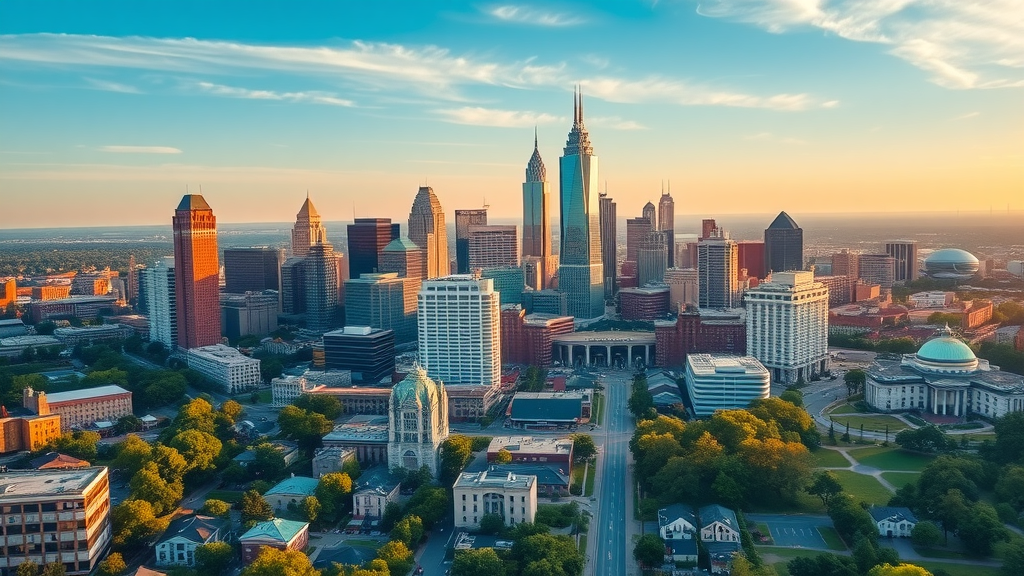 dynamic aerial skyline of Charlotte, North Carolina showing real estate market activity at golden hour, modern skyscrapers and residential neighborhoods, blue sky