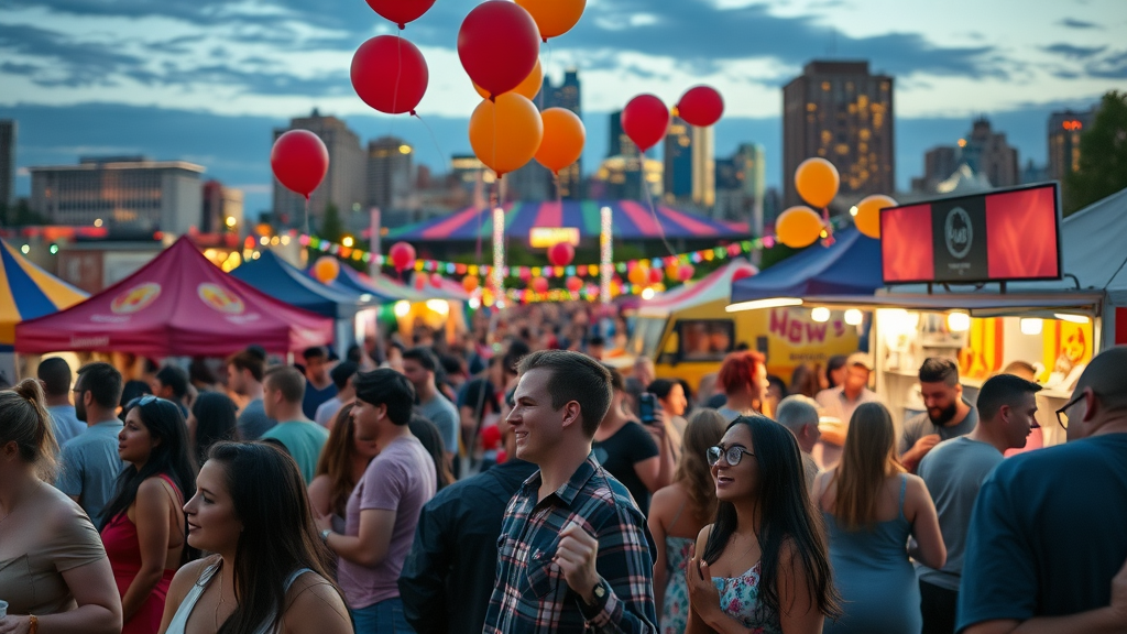 charlotte neighborhood outdoor festival diverse crowd city skyline food trucks