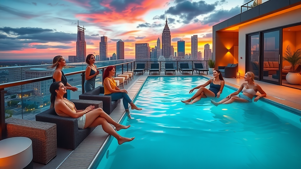 luxury apartments charlotte rooftop pool lounge skyline sunset residents socializing
