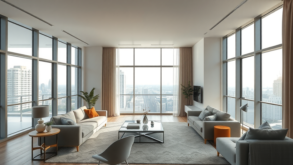 Interior of a modern charlotte nc apartment with open floor plan, designer furniture, hardwood floors and natural light pouring through large windows, uptown view