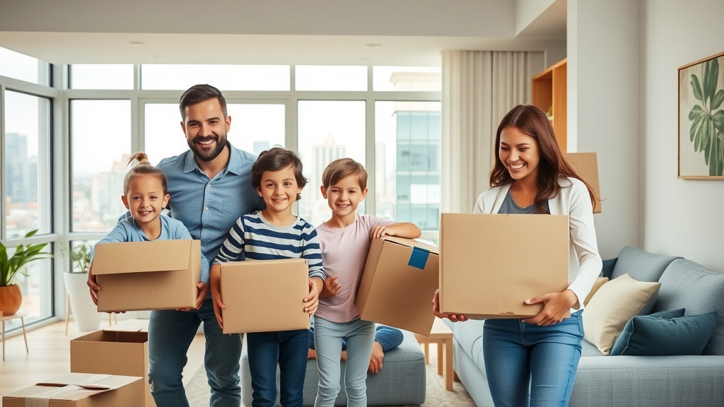charlotte nc apartment listings modern family in spacious Charlotte apartment, children unpacking, bright open-plan living, moving boxes, city views