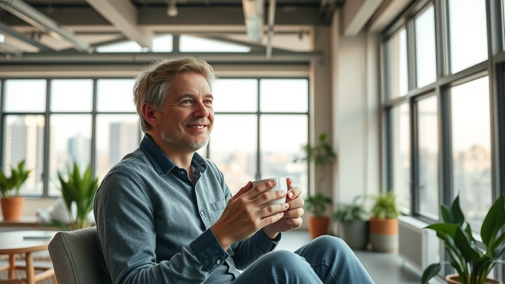 happy resident enjoying coffee in a sunny modern Charlotte loft, exposed beams, greenery, urban city view, loft apartment lifestyle