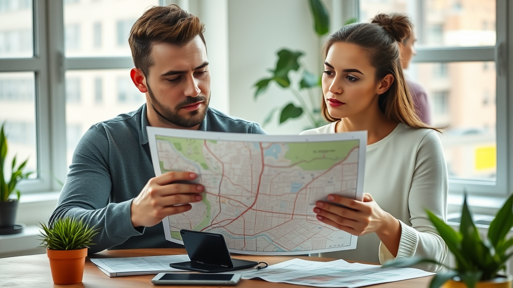 Young couple consulting map, city map and tablet, exploring charlotte neighborhoods, charlotte neighborhood reviews
