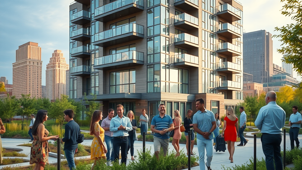 Modern luxury apartment exterior in Charlotte NC with vibrant community and skyline, apartments with amenities Charlotte NC