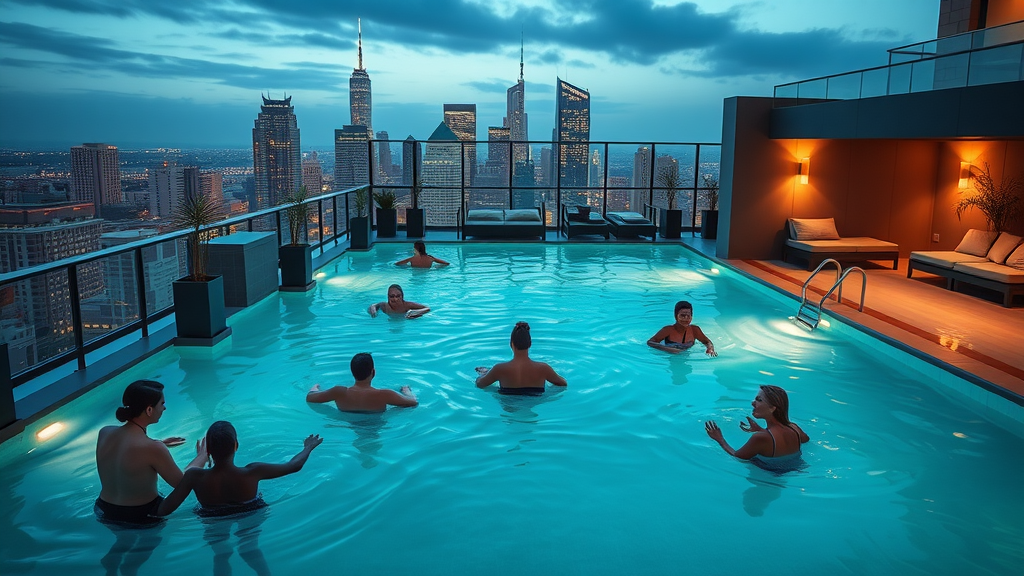 Luxury apartment amenities in Charlotte, rooftop pool overlooking skyline, residents enjoying, charlotte urban apartments for rent, luxury living, fitness center