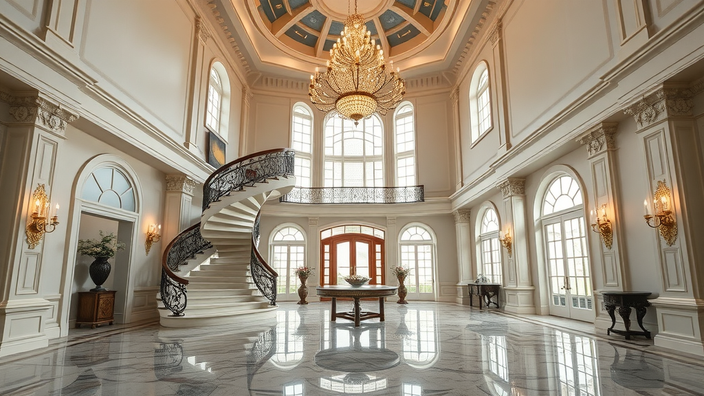 Grand double-height foyer with spiral staircase in a Charlotte mansion, luxury home, photorealistic, creamy whites and golds, architectural lens