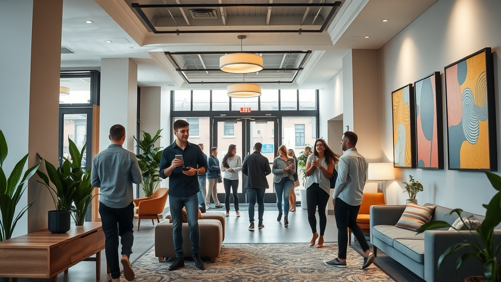 trendy urban apartment lobby, young professionals mingling in a stylish Charlotte apartment community