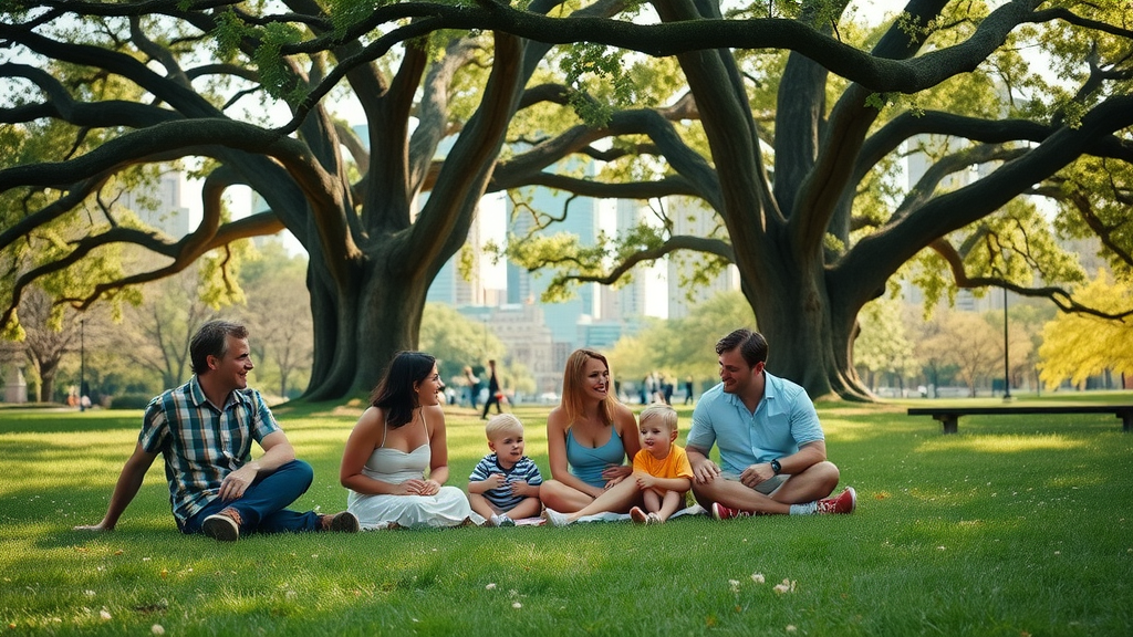 Charlotte public park with families picnicking under oak trees city skyline in background family-friendly